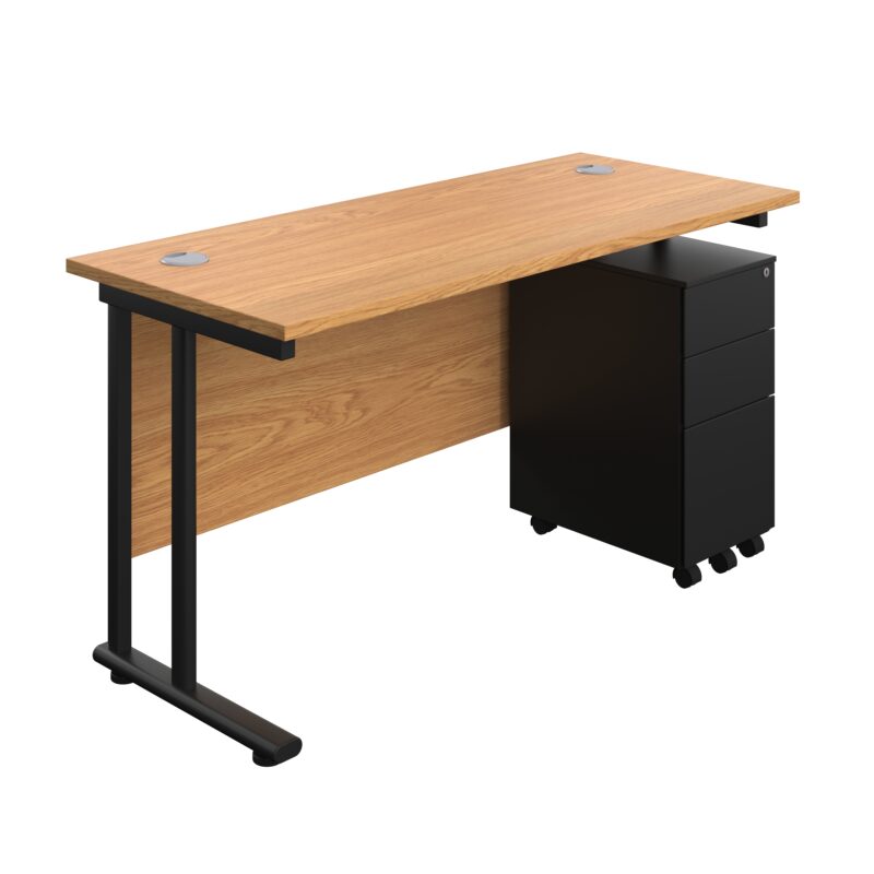 Twin Upright Rectangular Desk + Slimline Steel Pedestal 3 Drawers | 1400X600 | Nova Oak/Black