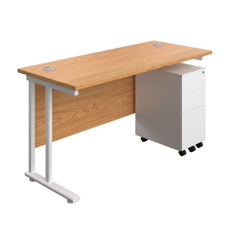 Twin Upright Rectangular Desk + Slimline Steel Pedestal 3 Drawers | 1400X600 | Nova Oak/White