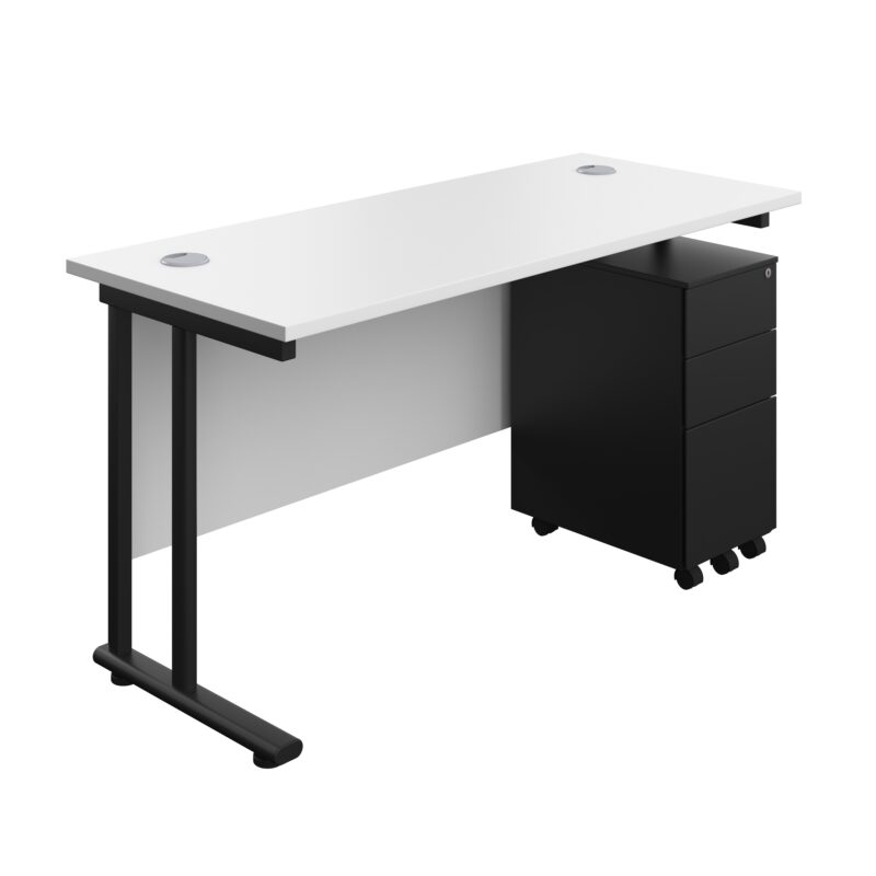 Twin Upright Rectangular Desk + Slimline Steel Pedestal 3 Drawers | 1400X600 | White/Black