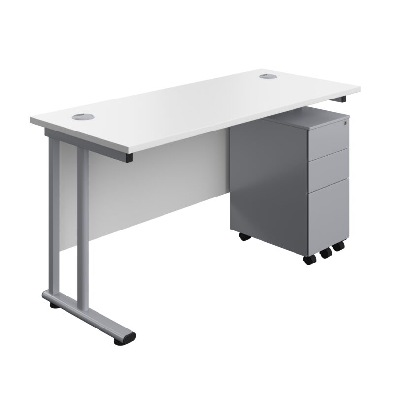 Twin Upright Rectangular Desk + Slimline Steel Pedestal 3 Drawers | 1400X600 | White/Silver