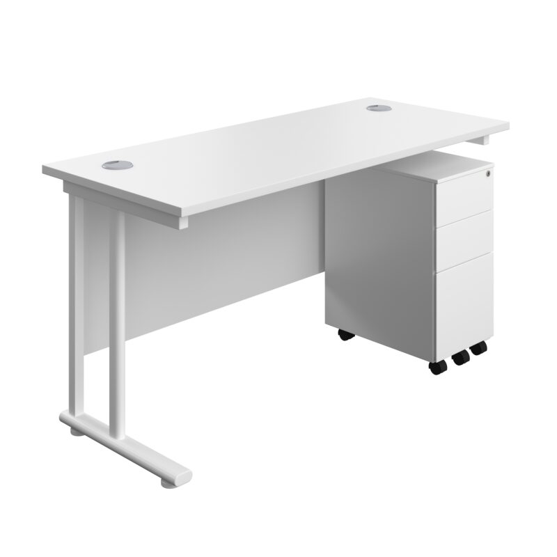 Twin Upright Rectangular Desk + Slimline Steel Pedestal 3 Drawers | 1400X600 | White/White