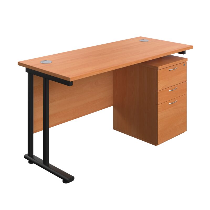 Twin Upright Rectangular Desk + High Mobile Pedestal 3 Drawer | 1400X600 | Beech/Black