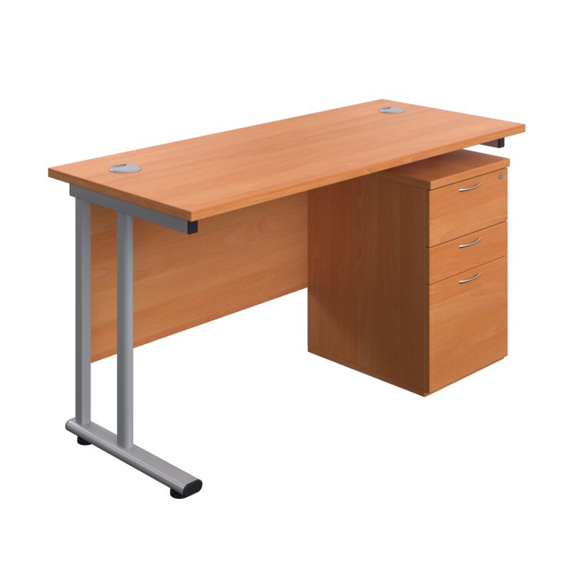 Twin Upright Rectangular Desk + High Mobile Pedestal 3 Drawer | 1400X600 | Beech/Silver