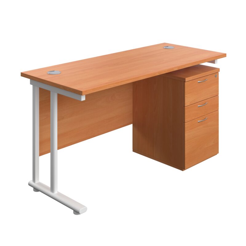 Twin Upright Rectangular Desk + High Mobile Pedestal 3 Drawer | 1400X600 | Beech/White