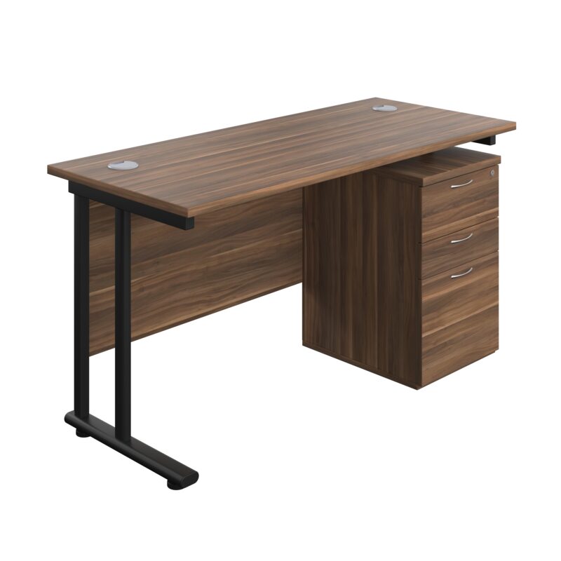 Twin Upright Rectangular Desk + High Mobile Pedestal 3 Drawer | 1400X600 | Dark Walnut/Black