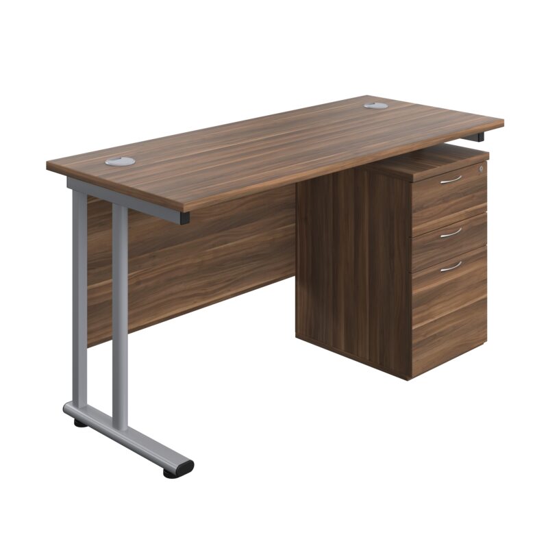 Twin Upright Rectangular Desk + High Mobile Pedestal 3 Drawer | 1400X600 | Dark Walnut/Silver