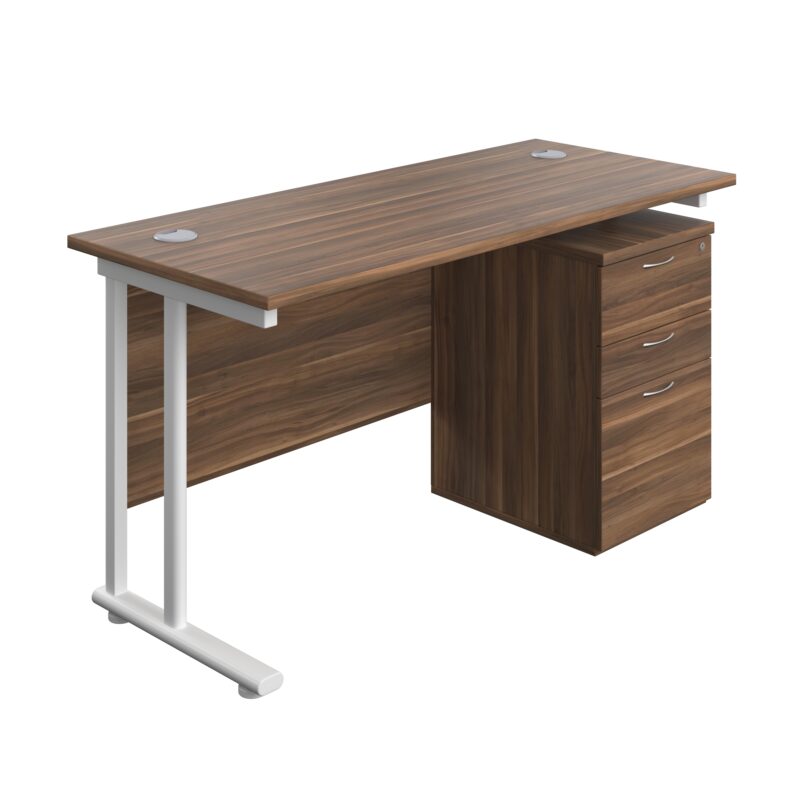 Twin Upright Rectangular Desk + High Mobile Pedestal 3 Drawer | 1400X600 | Dark Walnut/White