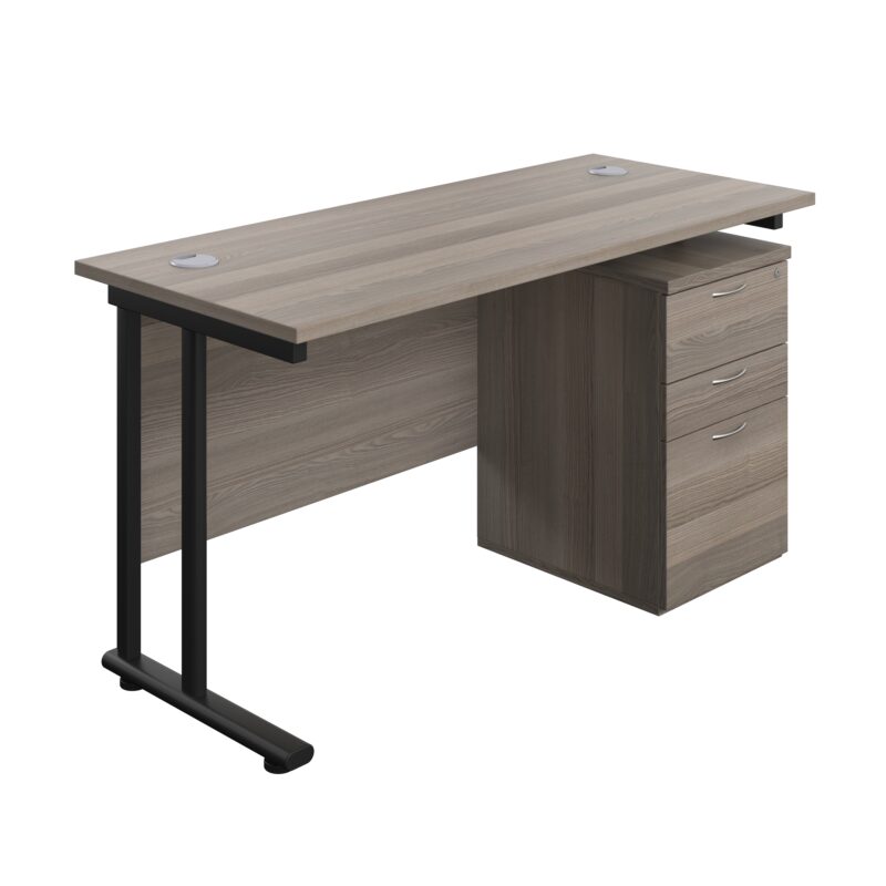 Twin Upright Rectangular Desk + High Mobile Pedestal 3 Drawer | 1400X600 | Grey Oak/Black