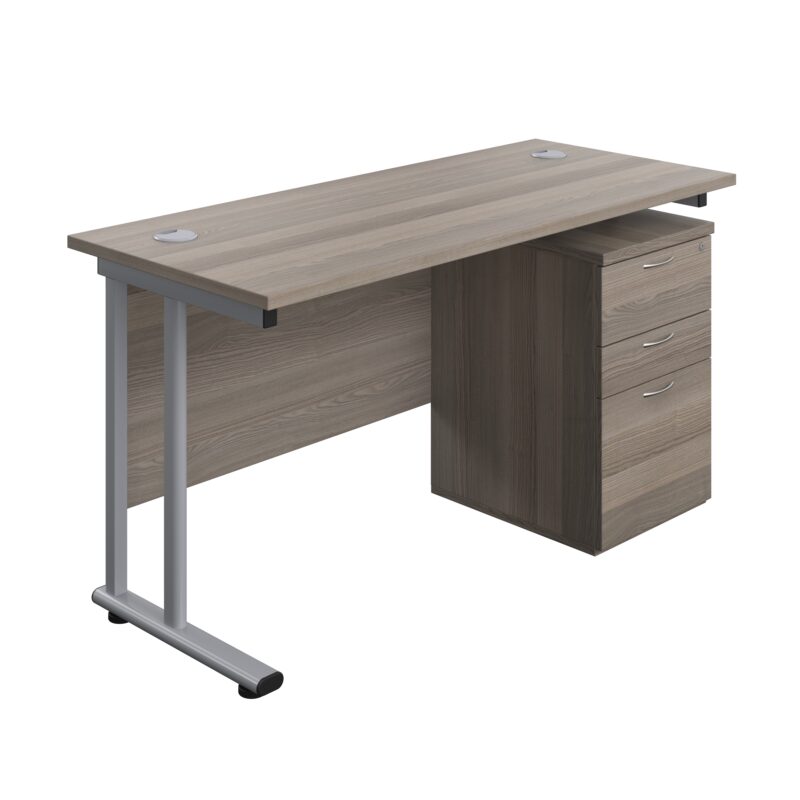 Twin Upright Rectangular Desk + High Mobile Pedestal 3 Drawer | 1400X600 | Grey Oak/Silver