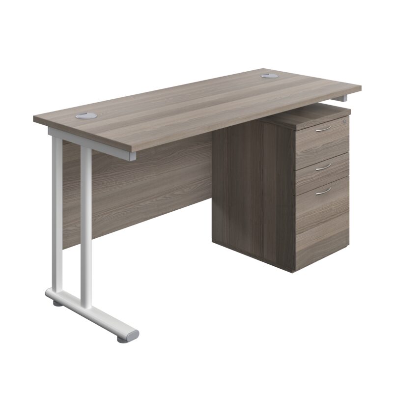 Twin Upright Rectangular Desk + High Mobile Pedestal 3 Drawer | 1400X600 | Grey Oak/White