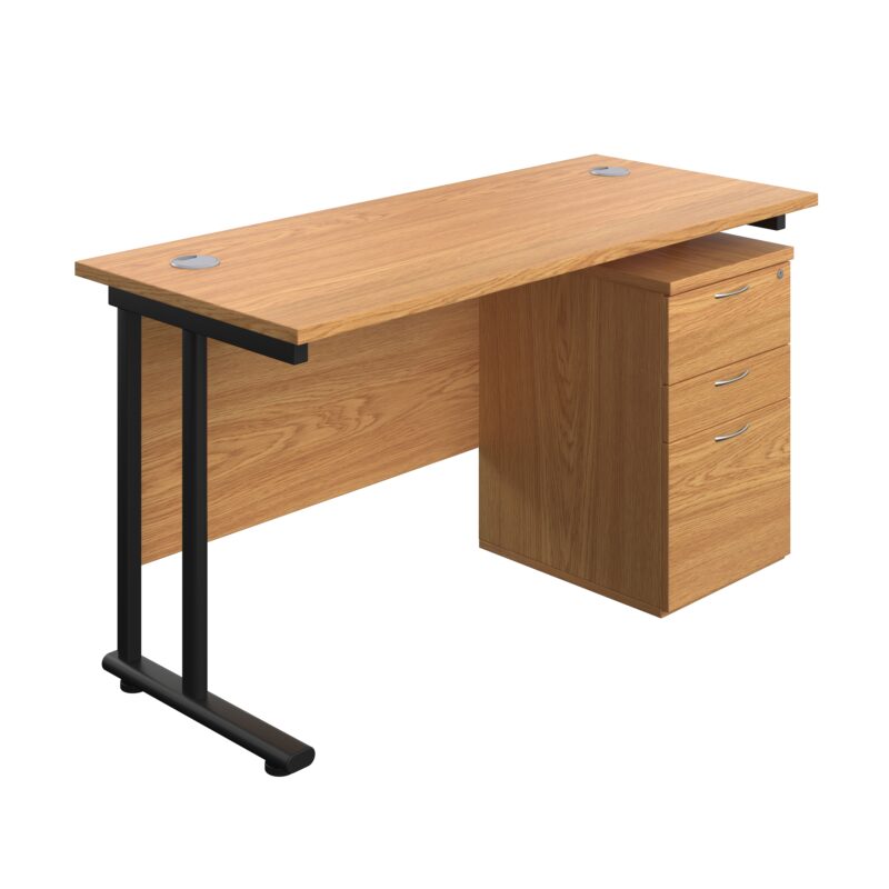 Twin Upright Rectangular Desk + High Mobile Pedestal 3 Drawer | 1400X600 | Nova Oak/Black