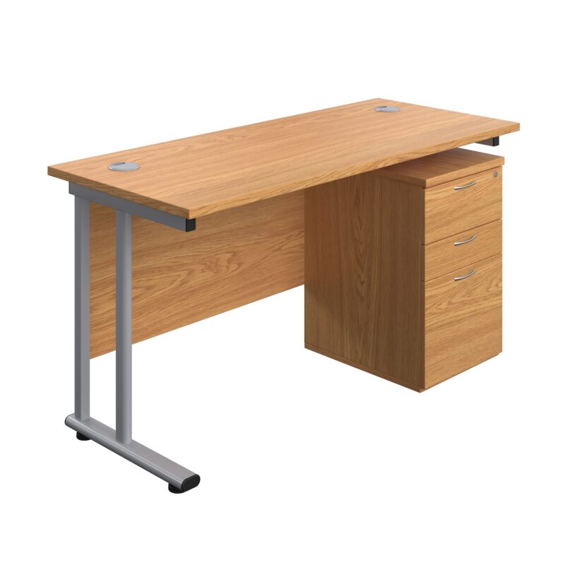 Twin Upright Rectangular Desk + High Mobile Pedestal 3 Drawer | 1400X600 | Nova Oak/Silver