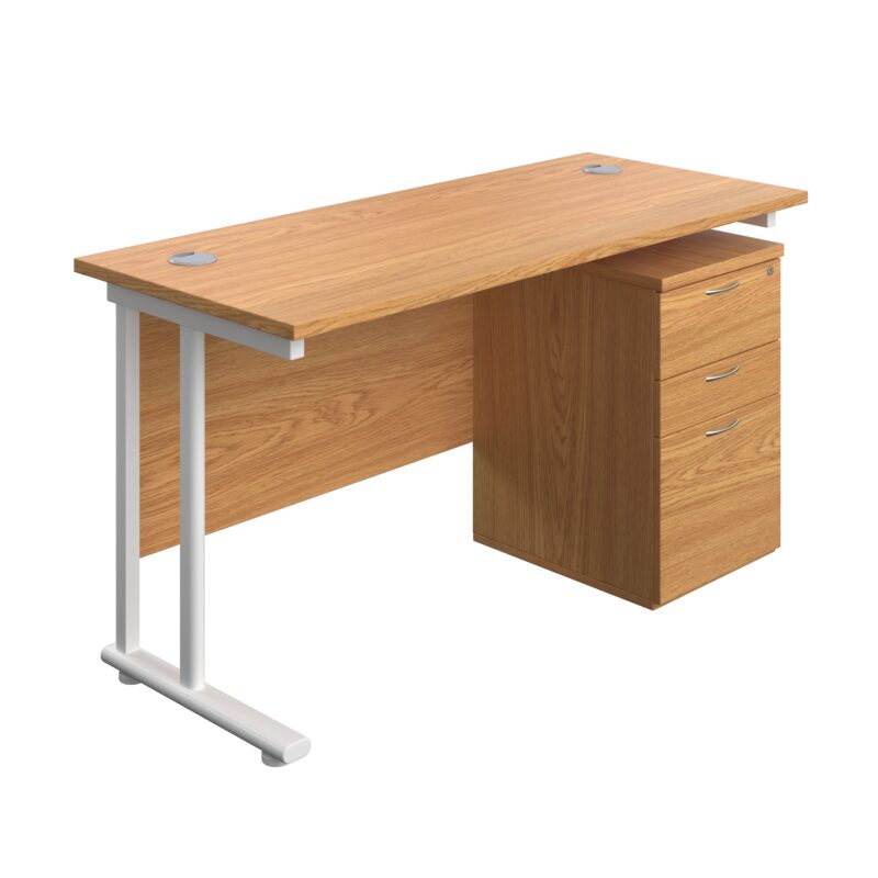 Twin Upright Rectangular Desk + High Mobile Pedestal 3 Drawer | 1400X600 | Nova Oak/White