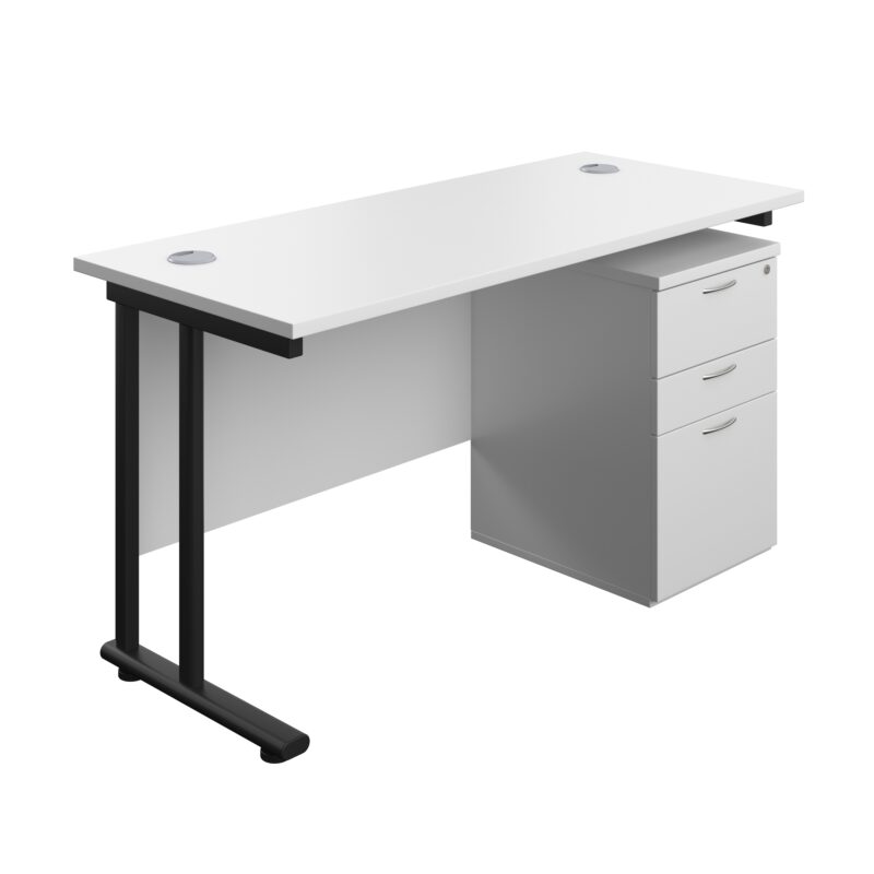 Twin Upright Rectangular Desk + High Mobile Pedestal 3 Drawer | 1400X600 | White/Black