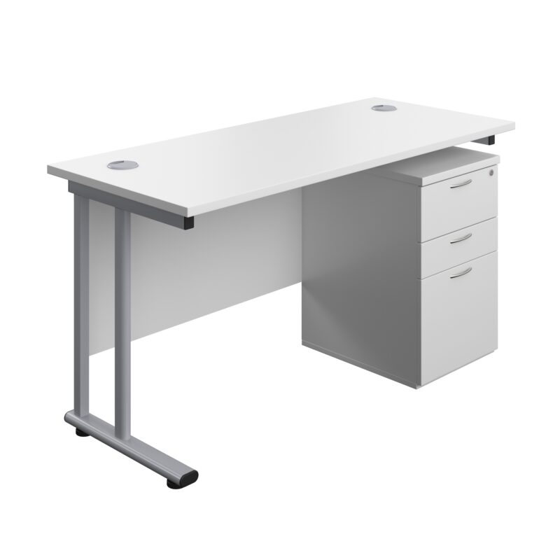 Twin Upright Rectangular Desk + High Mobile Pedestal 3 Drawer | 1400X600 | White/Silver