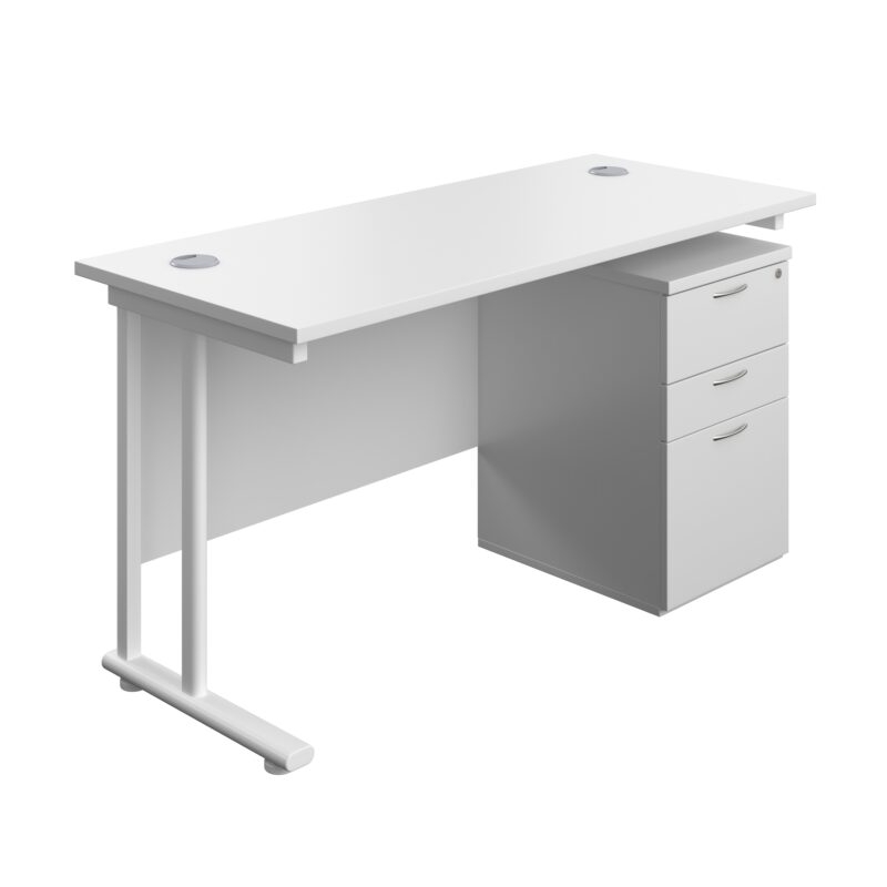 Twin Upright Rectangular Desk + High Mobile Pedestal 3 Drawer | 1400X600 | White/White