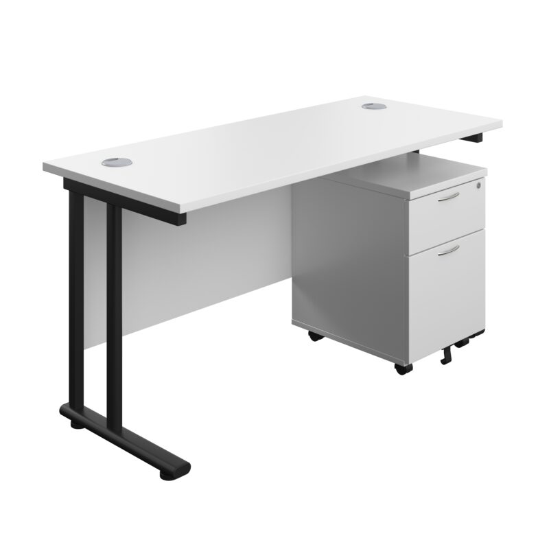 Twin Upright Rectangular Desk + Mobile 2 Drawer Pedestal | 1400X600 | White/Black