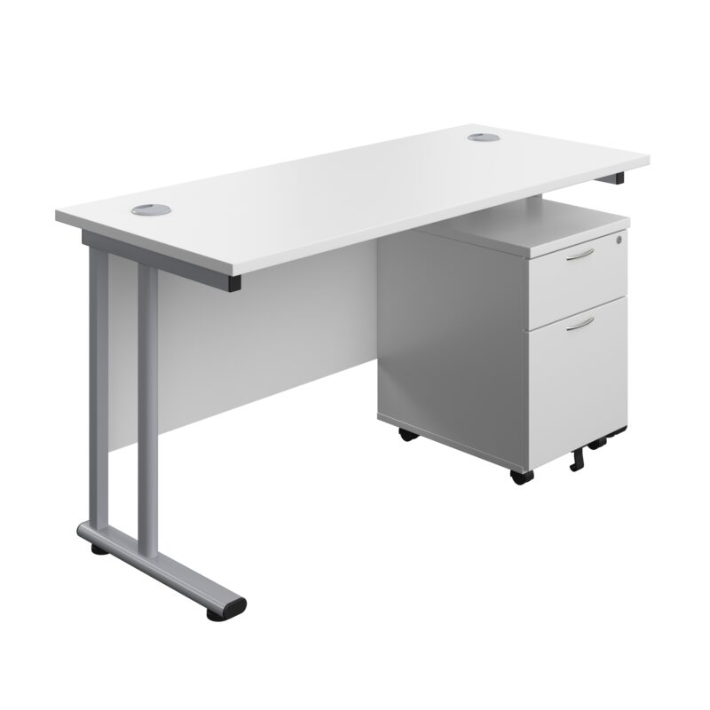 Twin Upright Rectangular Desk + Mobile 2 Drawer Pedestal | 1400X600 | White/Silver