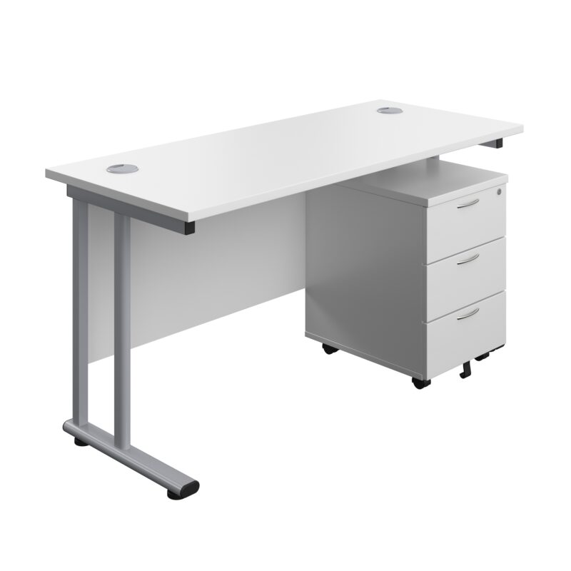 Twin Upright Rectangular Desk + Mobile 3 Drawer Pedestal | 1400X600 | White/Silver