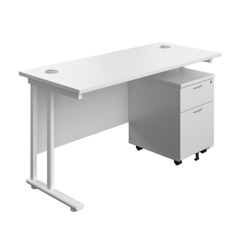 Twin Upright Rectangular Desk + Mobile 2 Drawer Pedestal | 1400X600 | White/White