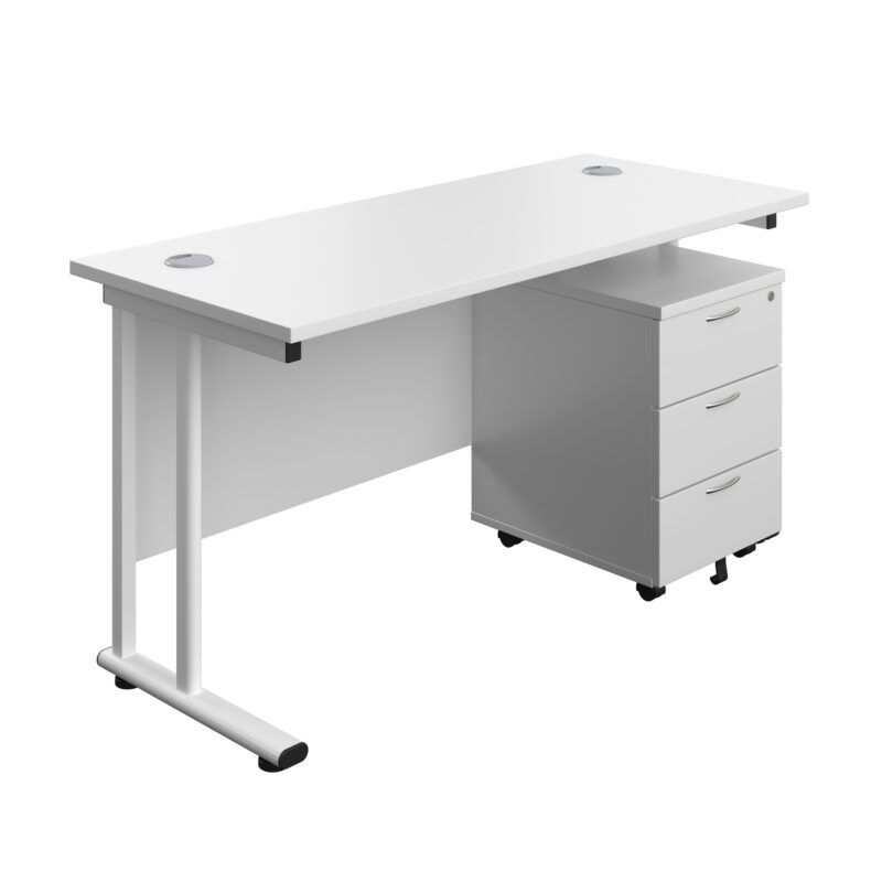 Twin Upright Rectangular Desk + Mobile 3 Drawer Pedestal | 1400X600 | White/White