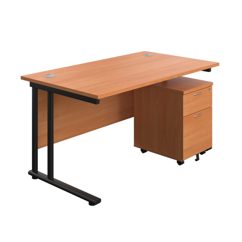 Twin Upright Rectangular Desk + Mobile 2 Drawer Pedestal | 1400X800 | Beech/Black