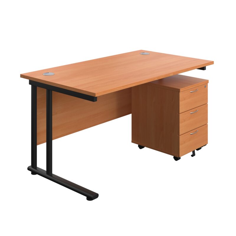 Twin Upright Rectangular Desk + Mobile 3 Drawer Pedestal | 1400X800 | Beech/Black