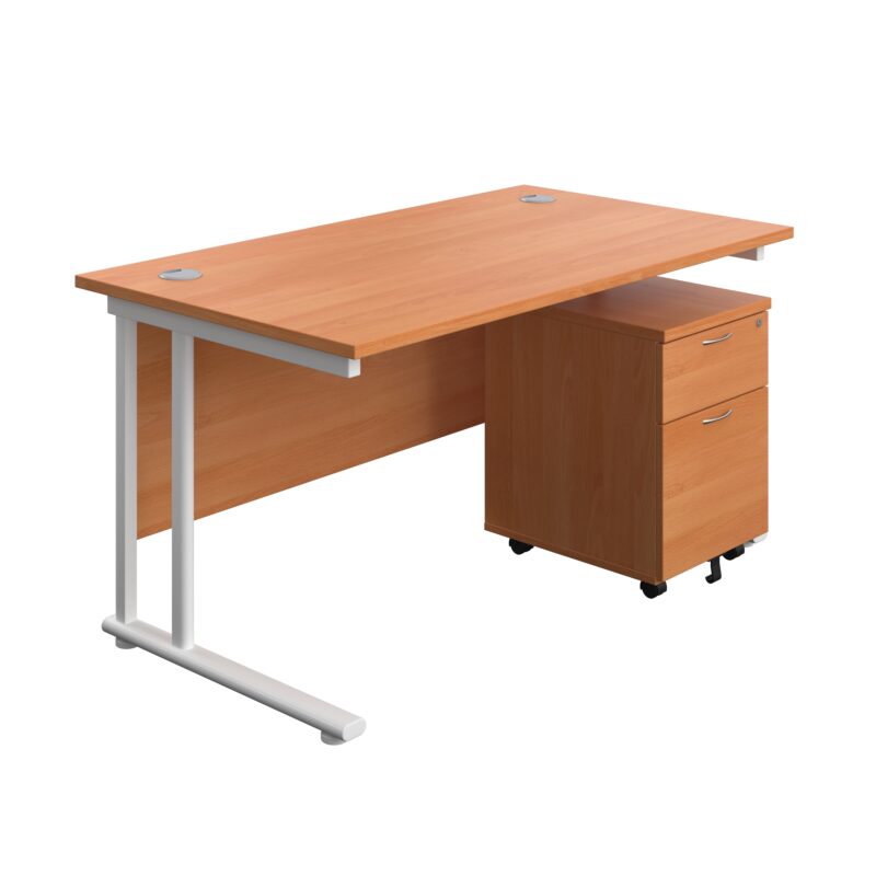 Twin Upright Rectangular Desk + Mobile 2 Drawer Pedestal | 1400X800 | Beech/White