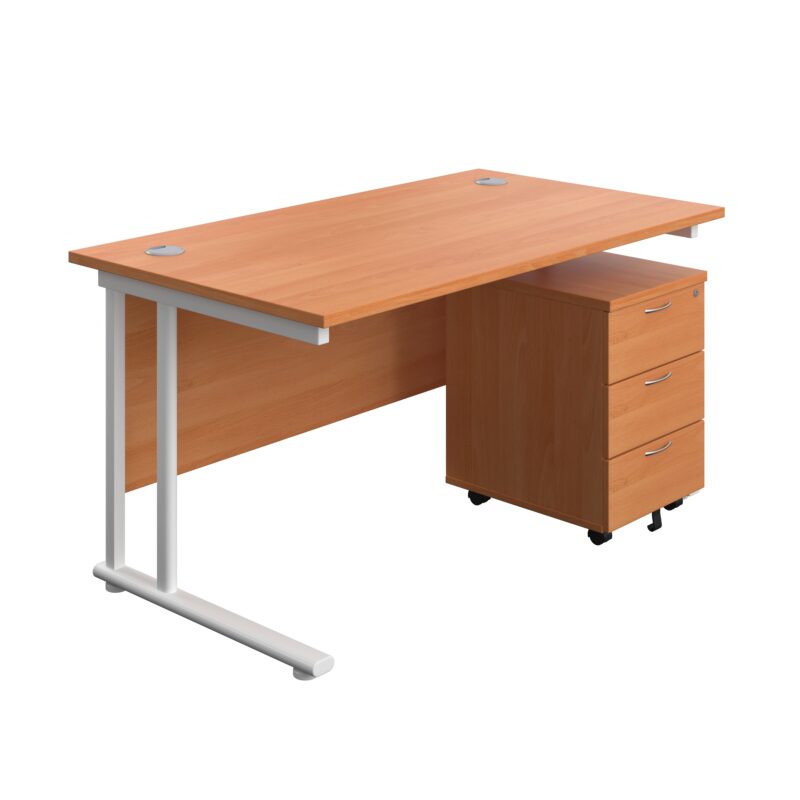 Twin Upright Rectangular Desk + Mobile 3 Drawer Pedestal | 1400X800 | Beech/White