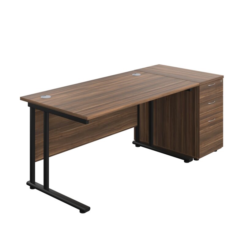 Twin Upright Rectangular Desk + Desk High 3 Drawer Pedestal | 1400X800 | Dark Walnut/Black