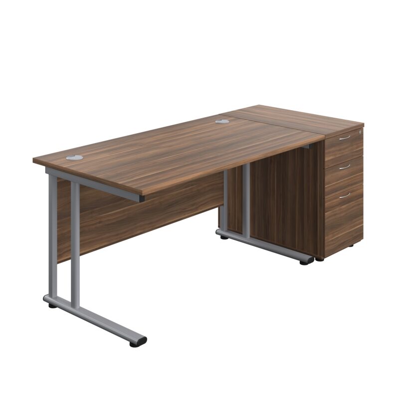 Twin Upright Rectangular Desk + Desk High 3 Drawer Pedestal | 1400X800 | Dark Walnut/Silver