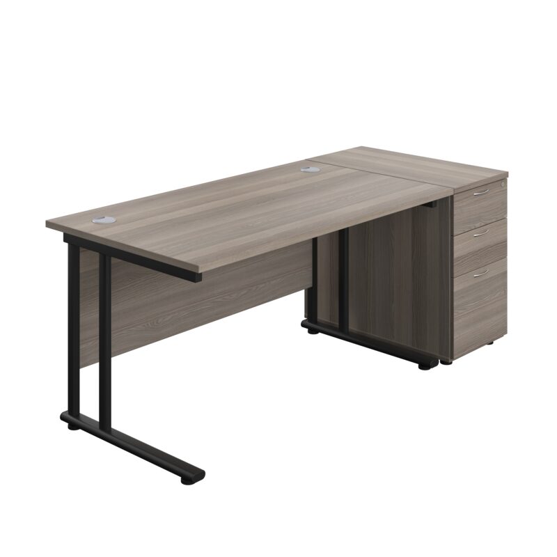 Twin Upright Rectangular Desk + Desk High 3 Drawer Pedestal | 1400X800 | Grey Oak/Black