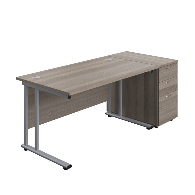 Twin Upright Rectangular Desk + Desk High 3 Drawer Pedestal | 1400X800 | Grey Oak/Silver