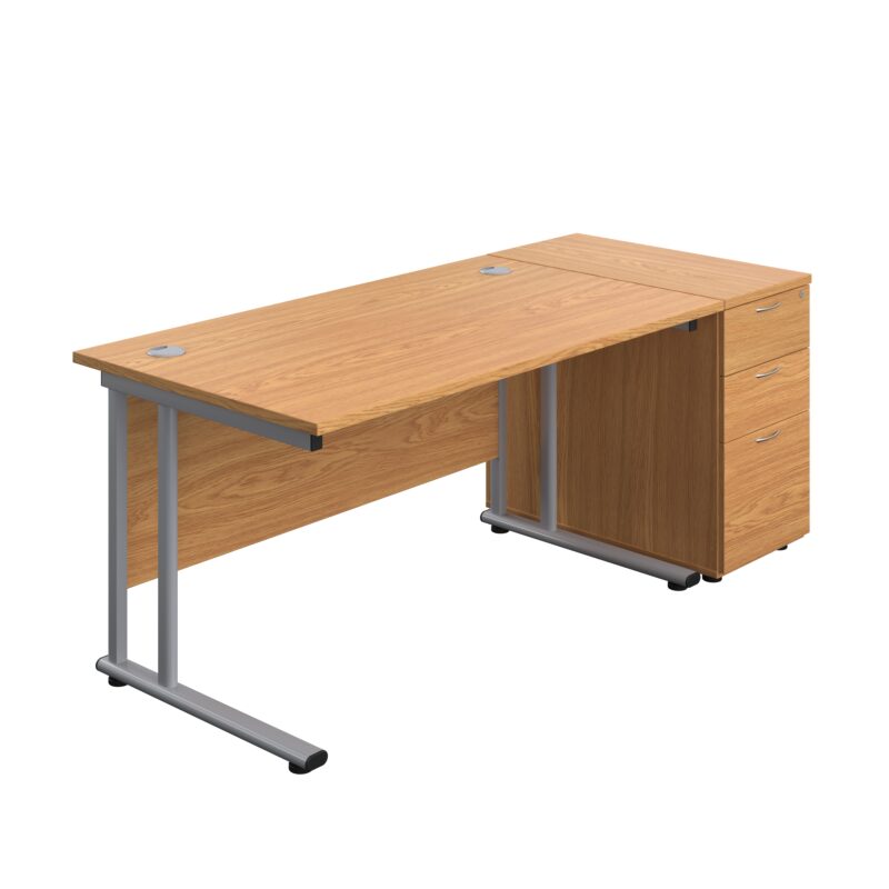 Twin Upright Rectangular Desk + Desk High 3 Drawer Pedestal | 1400X800 | Nova Oak/Silver