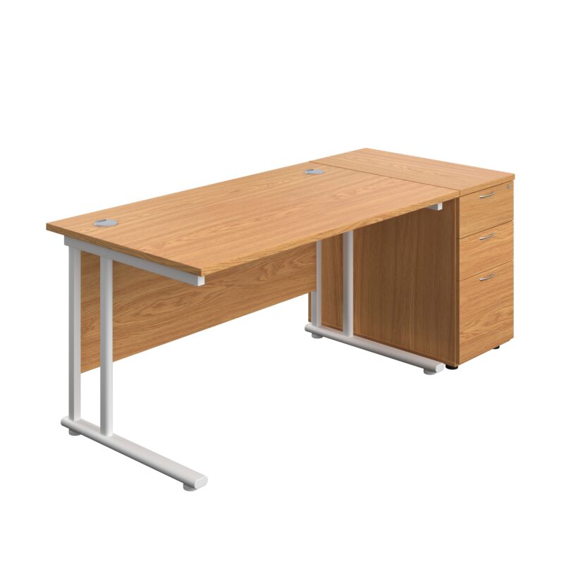 Twin Upright Rectangular Desk + Desk High 3 Drawer Pedestal | 1400X800 | Nova Oak/White