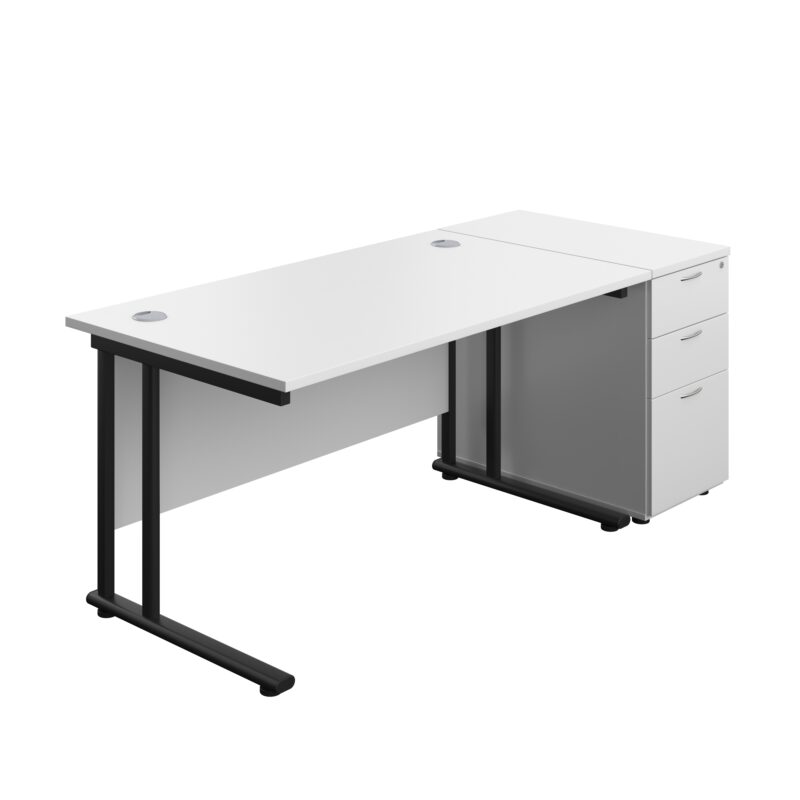 Twin Upright Rectangular Desk + Desk High 3 Drawer Pedestal | 1400X800 | White/Black