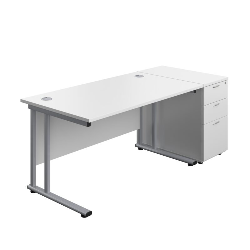 Twin Upright Rectangular Desk + Desk High 3 Drawer Pedestal | 1400X800 | White/Silver