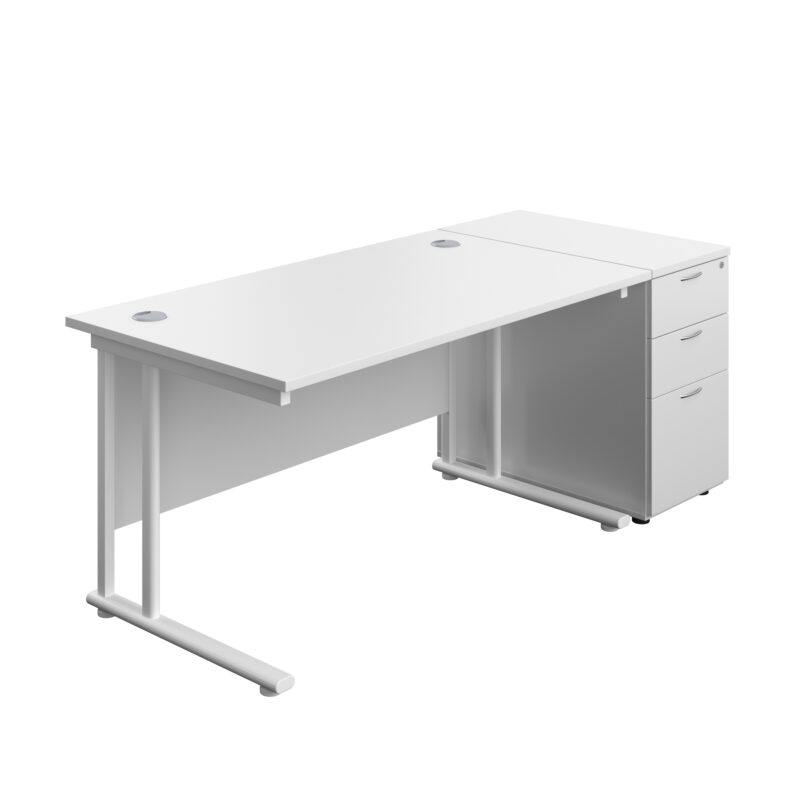 Twin Upright Rectangular Desk + Desk High 3 Drawer Pedestal | 1400X800 | White/White