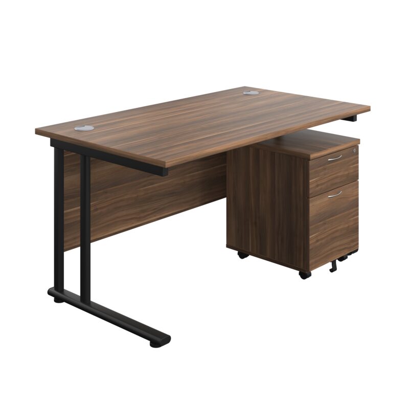 Twin Upright Rectangular Desk + Mobile 2 Drawer Pedestal | 1400X800 | Dark Walnut/Black