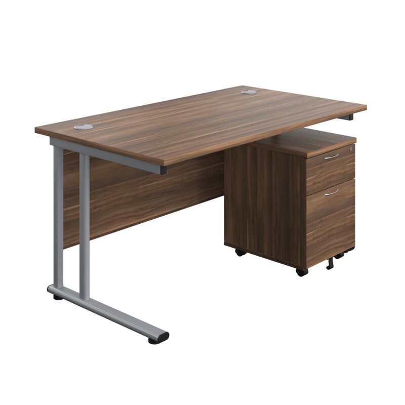 Twin Upright Rectangular Desk + Mobile 2 Drawer Pedestal | 1400X800 | Dark Walnut/Silver