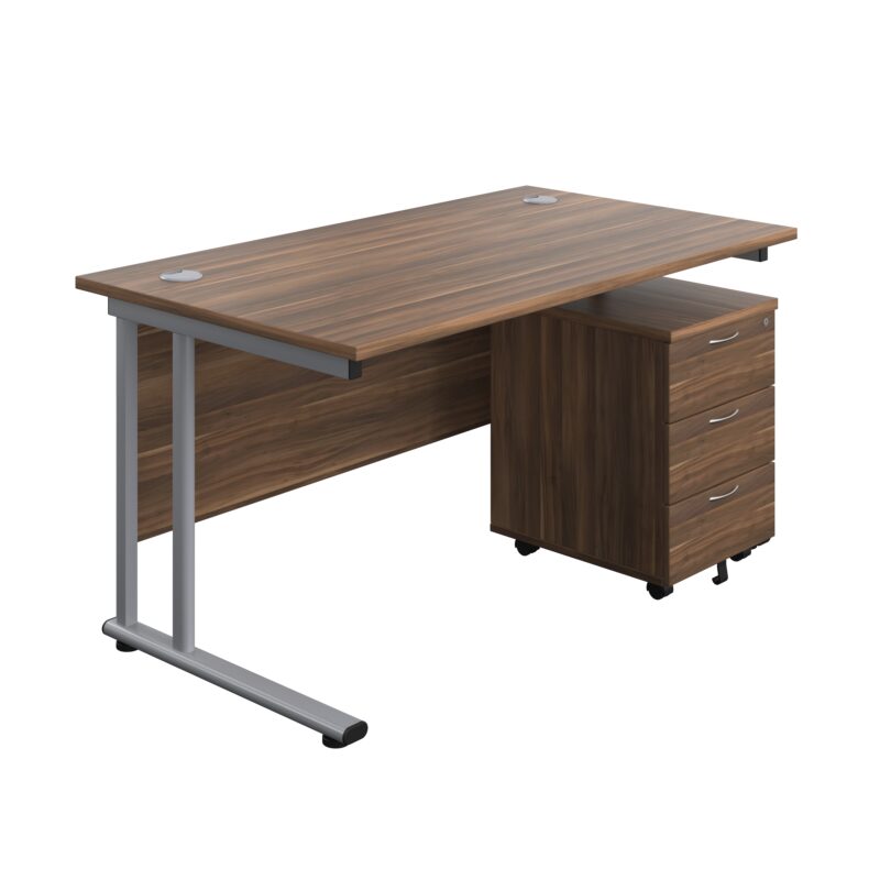 Twin Upright Rectangular Desk + Mobile 3 Drawer Pedestal | 1400X800 | Dark Walnut/Silver