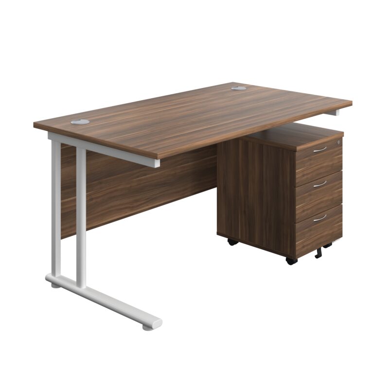 Twin Upright Rectangular Desk + Mobile 3 Drawer Pedestal | 1400X800 | Dark Walnut/White