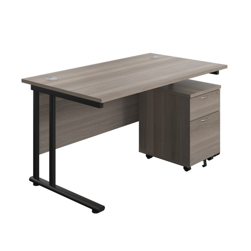 Twin Upright Rectangular Desk + Mobile 2 Drawer Pedestal | 1400X800 | Grey Oak/Black