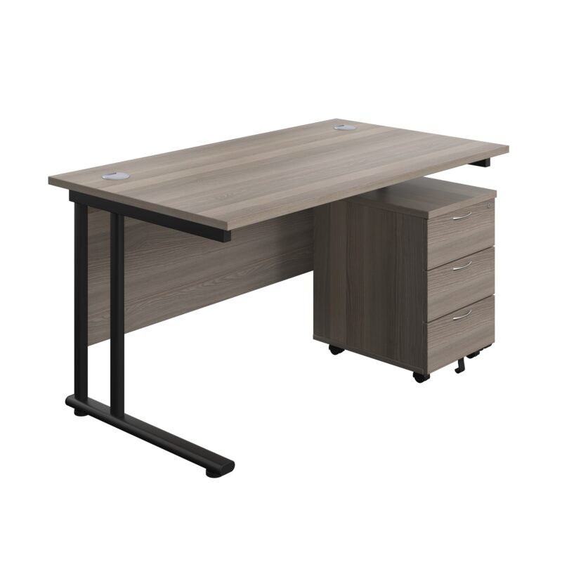 Twin Upright Rectangular Desk + Mobile 3 Drawer Pedestal | 1400X800 | Grey Oak/Black