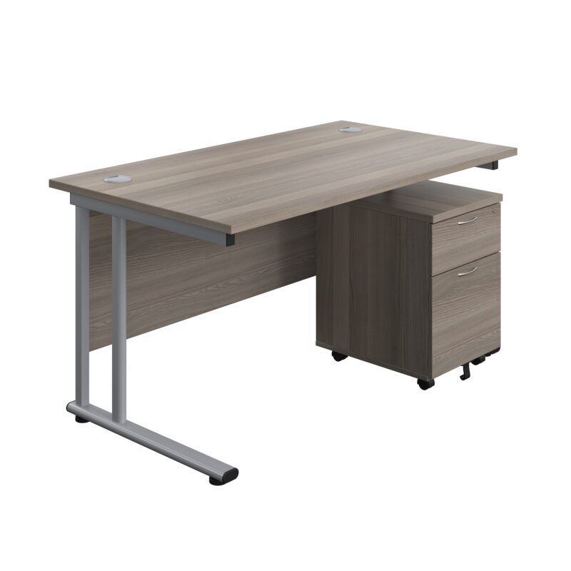 Twin Upright Rectangular Desk + Mobile 2 Drawer Pedestal | 1400X800 | Grey Oak/Silver