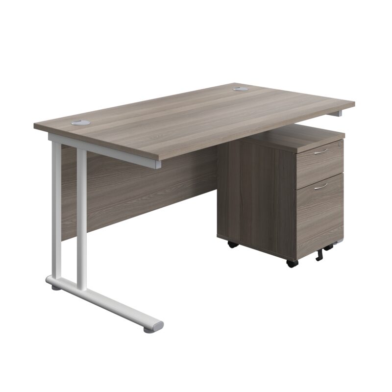 Twin Upright Rectangular Desk + Mobile 2 Drawer Pedestal | 1400X800 | Grey Oak/White