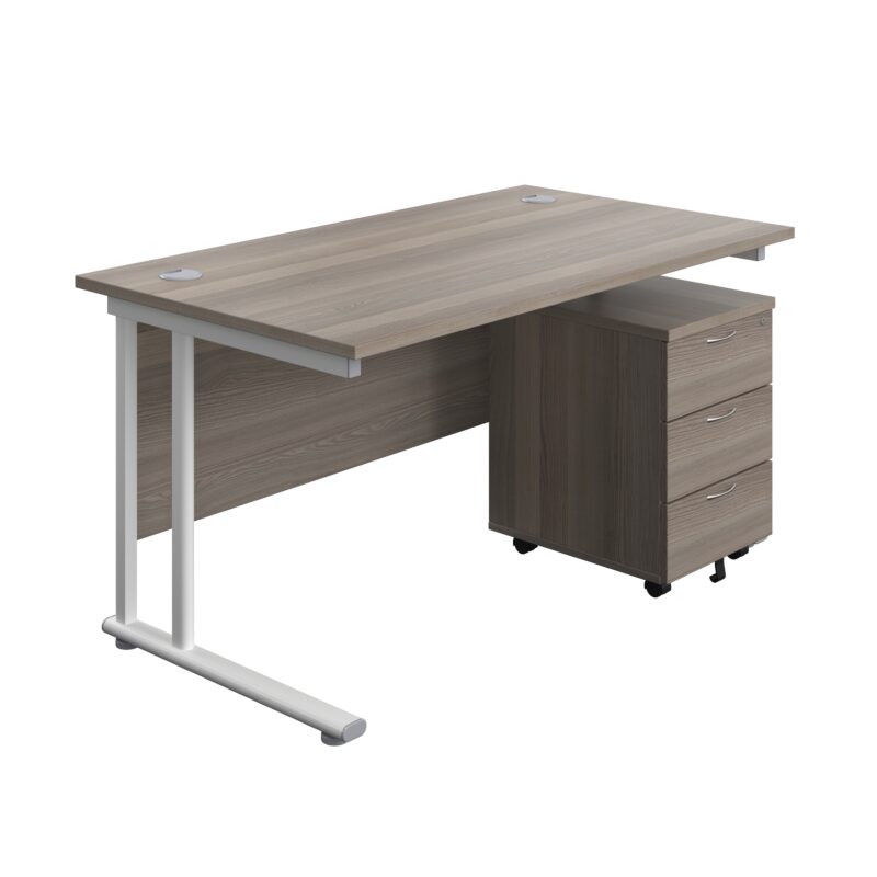 Twin Upright Rectangular Desk + Mobile 3 Drawer Pedestal | 1400X800 | Grey Oak/White