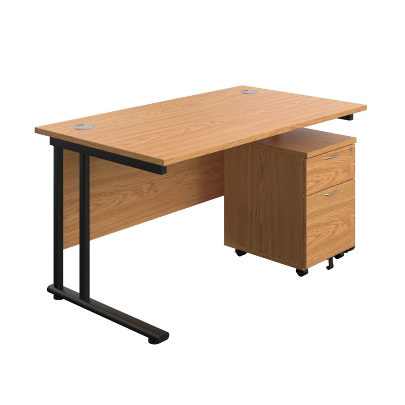 Twin Upright Rectangular Desk + Mobile 2 Drawer Pedestal | 1400X800 | Nova Oak/Black