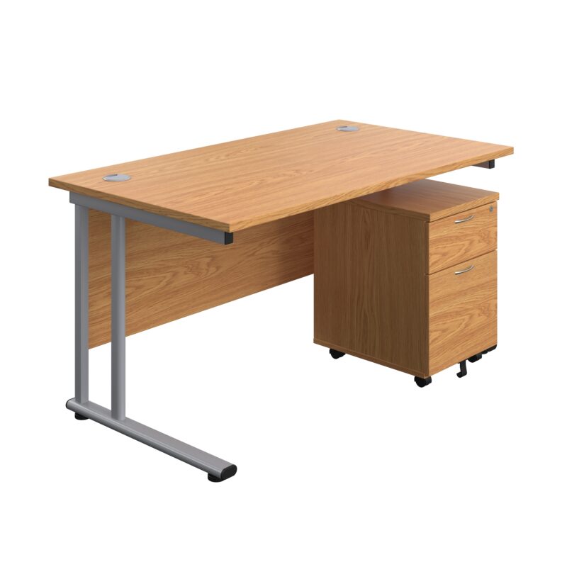 Twin Upright Rectangular Desk + Mobile 2 Drawer Pedestal | 1400X800 | Nova Oak/Silver