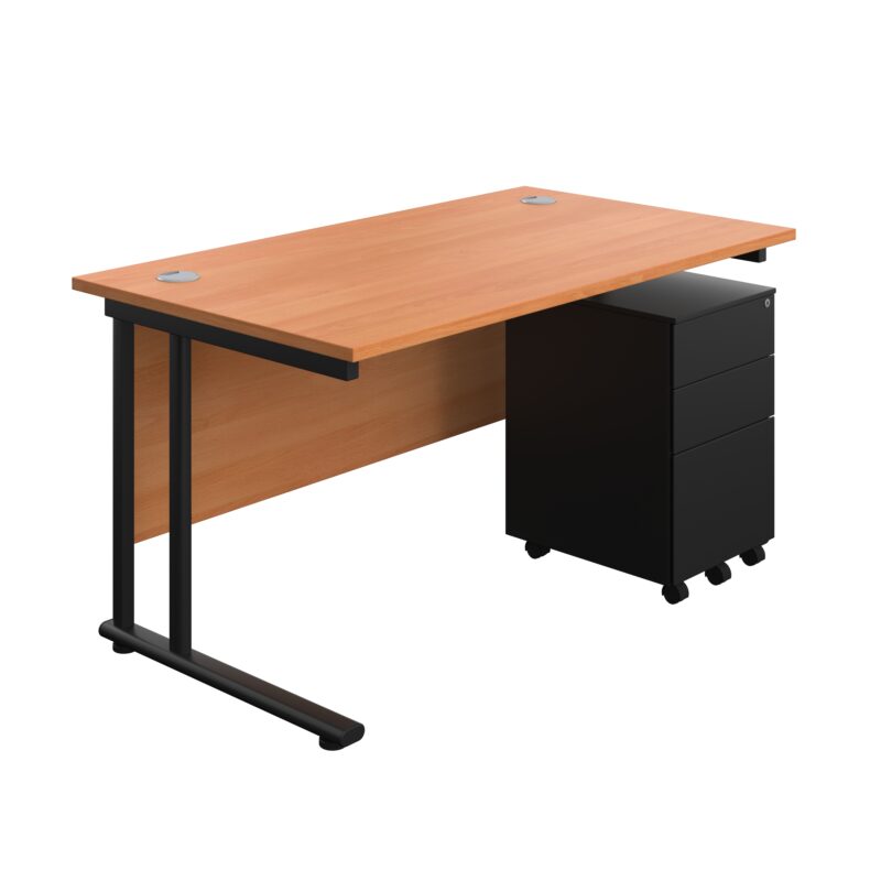 Twin Upright Rectangular Desk + Under Desk Steel Pedestal 3 Drawers | 1400X800 | Beech/Black